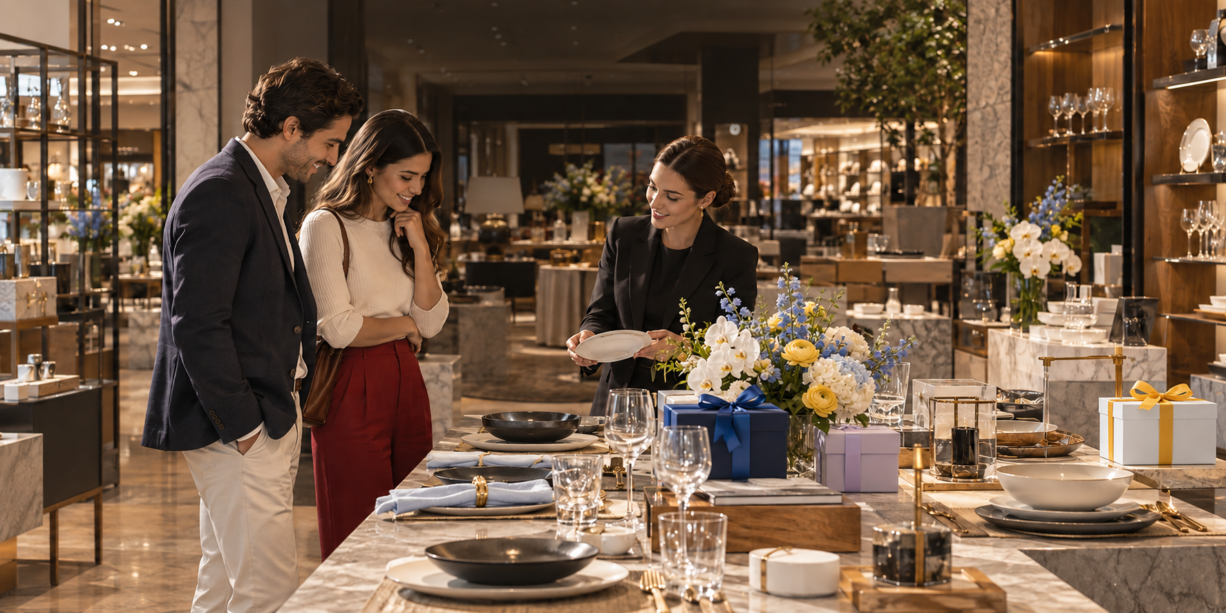A couple and a registry specialist review homeware and celebration gifts in a luxury department store.