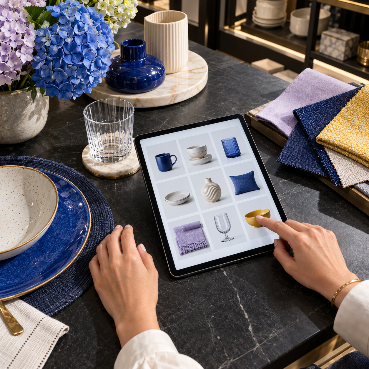 A customer uses a tablet to review a digital gift registry beside selected homeware in a department store.