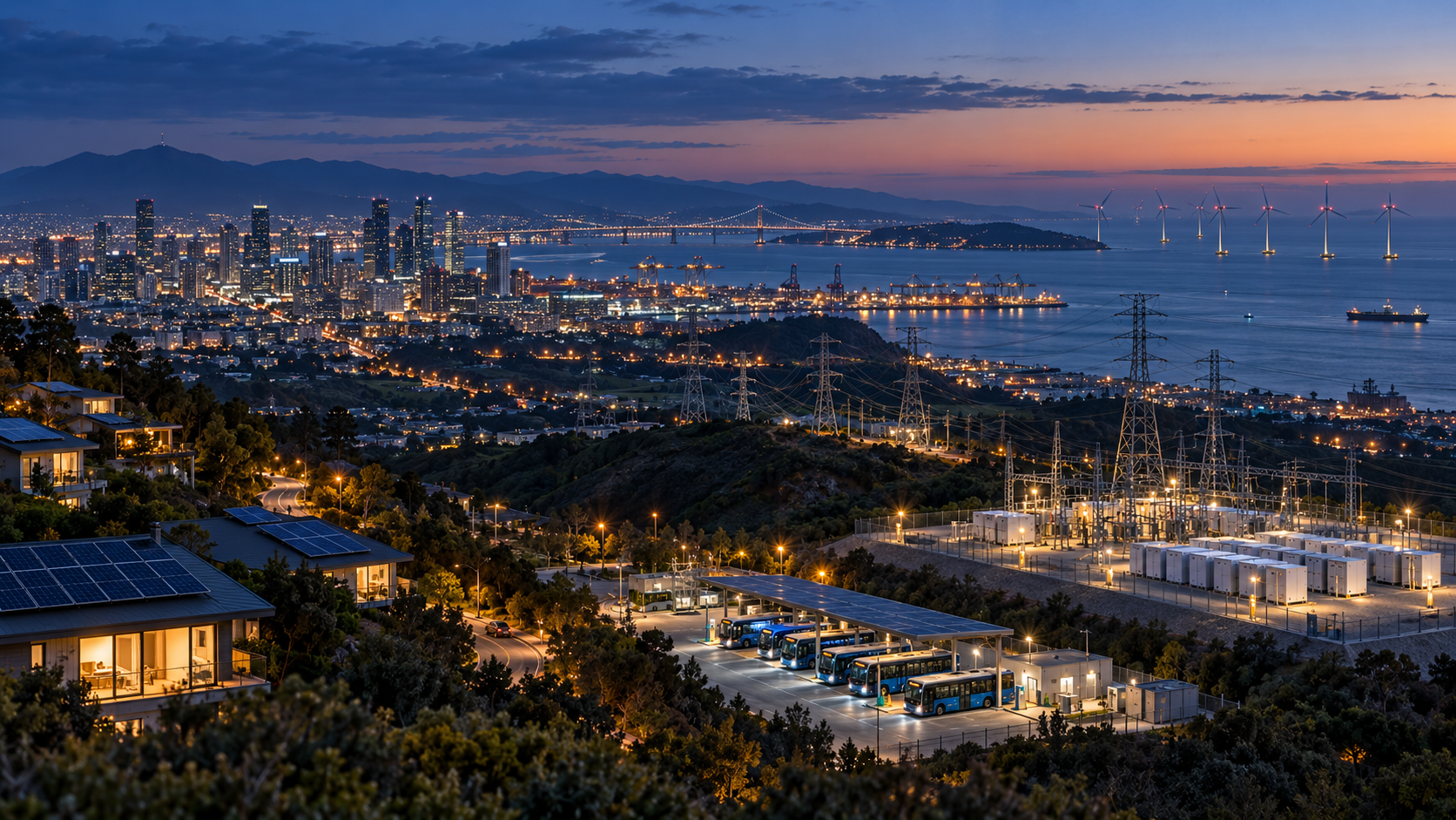A coastal city at twilight connects transmission lines, rooftop solar, battery storage, electric transport and offshore wind.