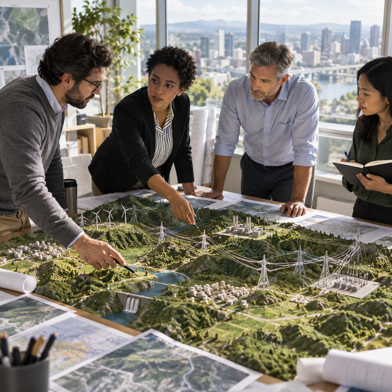 A multidisciplinary utility team evaluates transmission routes, generation sites and communities around a physical regional grid model.