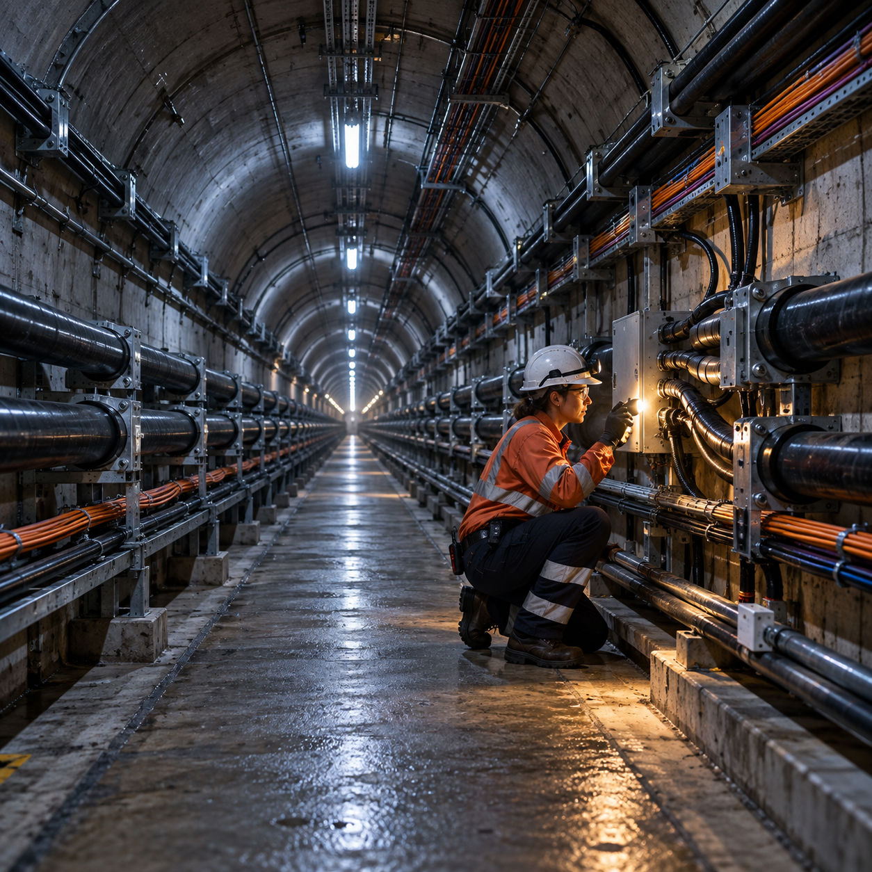 A utility engineer inspects power and fibre connections inside a deep underground high-voltage cable tunnel.