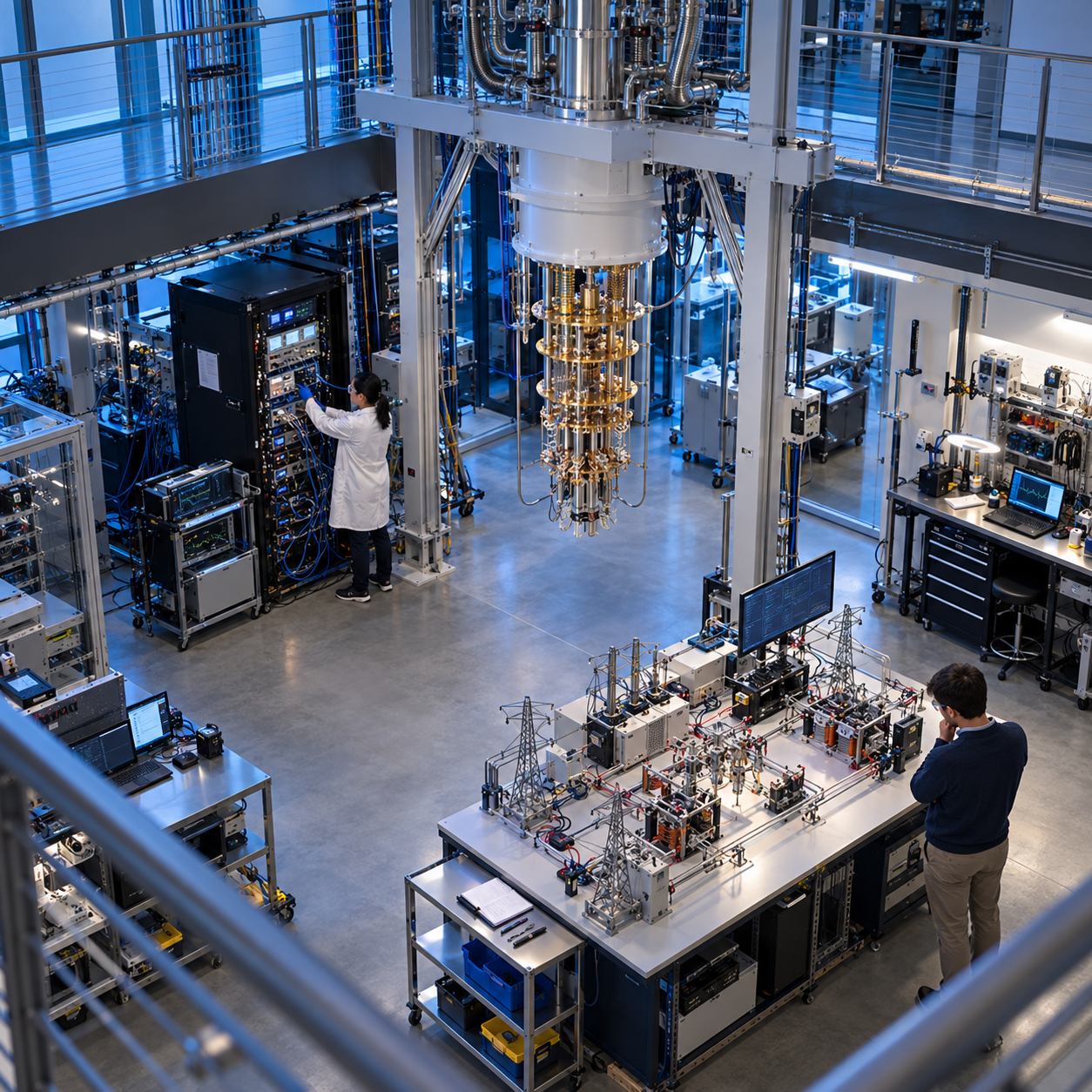 Researchers connect a cryogenic quantum computing system with a physical power-grid simulator in an applied laboratory.