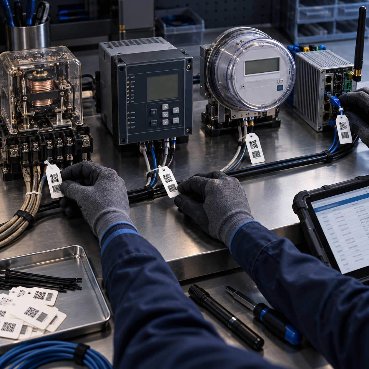 Gloved hands inventory older and modern protection, metering and communications equipment on a utility cybersecurity workbench.