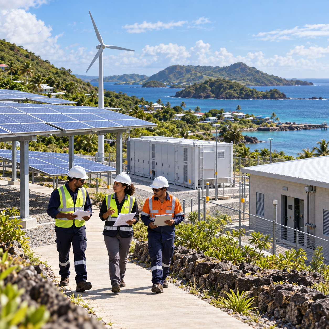 A local operations team conducts a readiness walk through an island microgrid with solar, wind and battery assets.