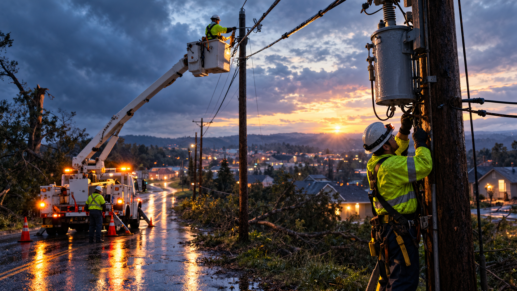 Electricity crews restore storm-damaged distribution lines at dawn as homes in a nearby town begin to regain power.
