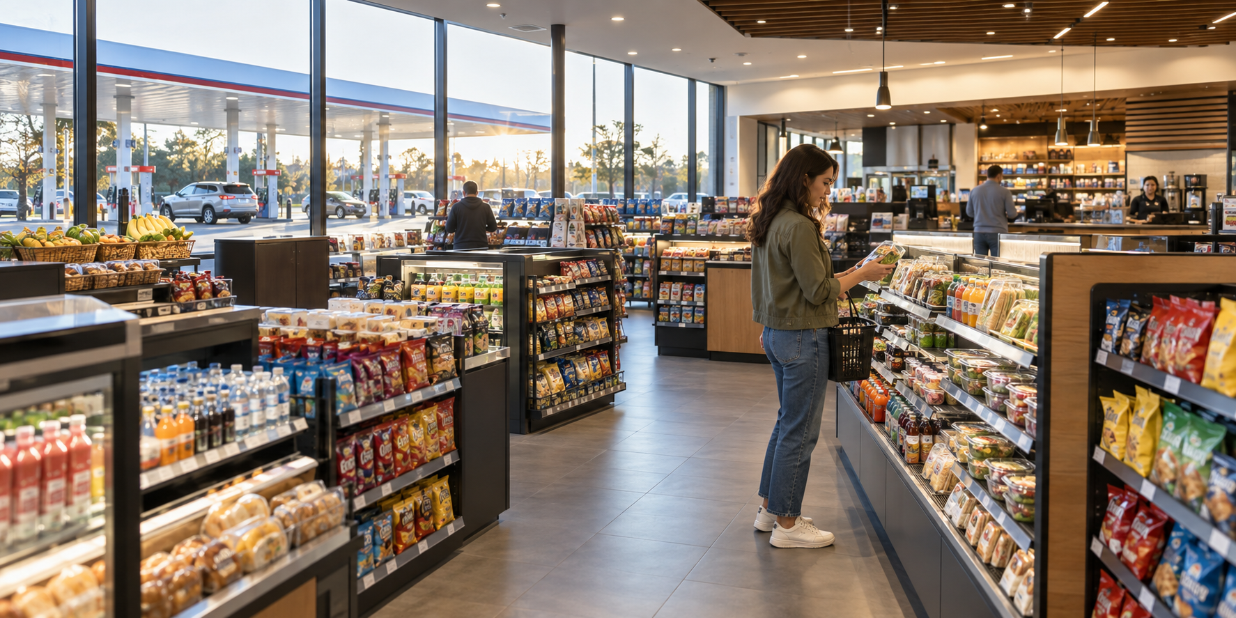 Customer browses fresh food in a service-station convenience store, with fuel pumps visible through the windows.