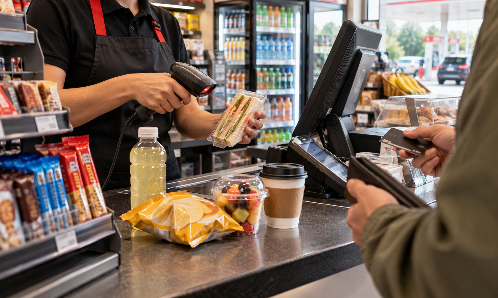 Cashier scans a sandwich beside a drink, snack, fruit cup and coffee at a service-station convenience store checkout.
