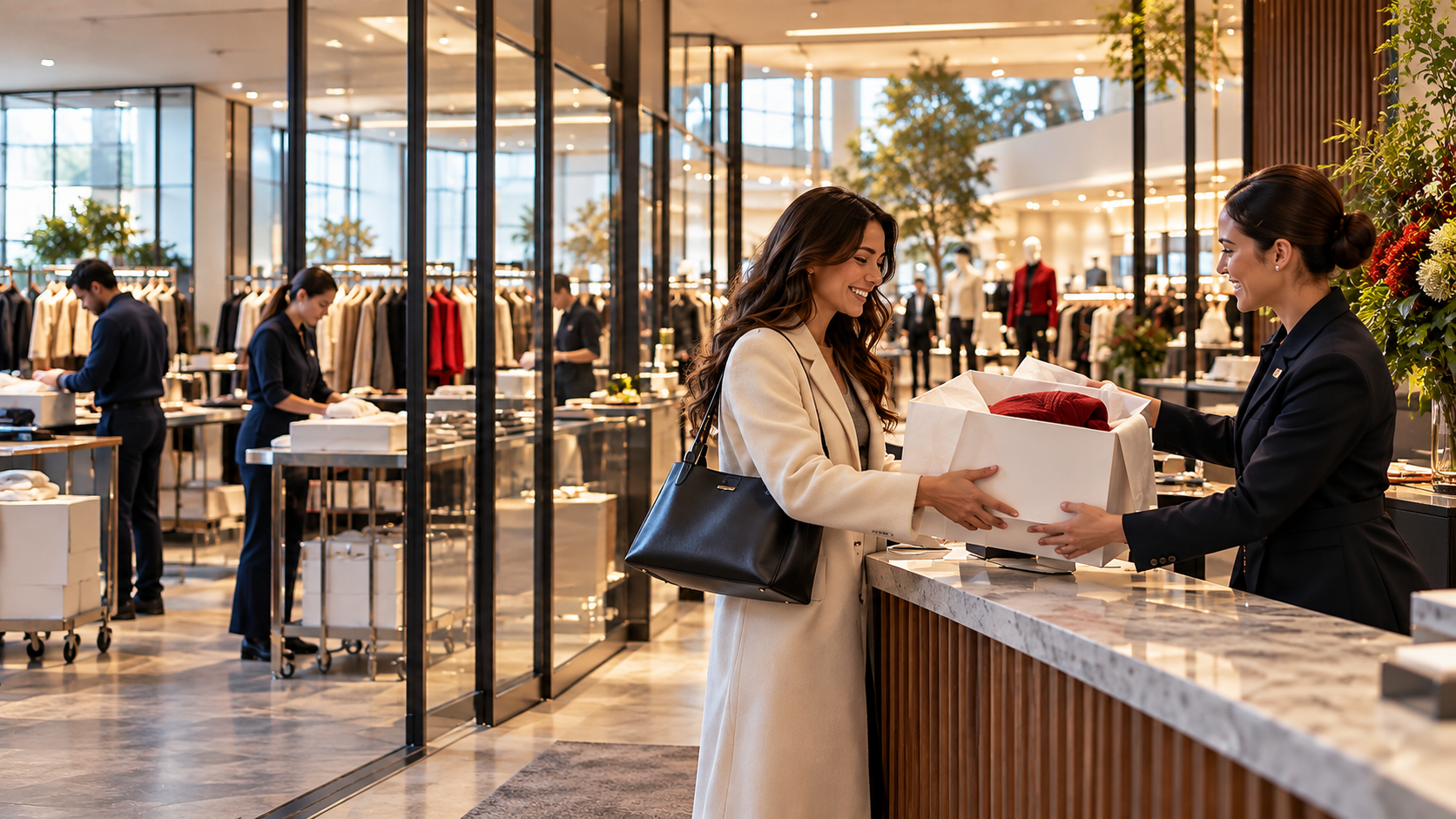 Store associate handing a prepared online order to a customer while fulfillment activity continues behind a glass partition.