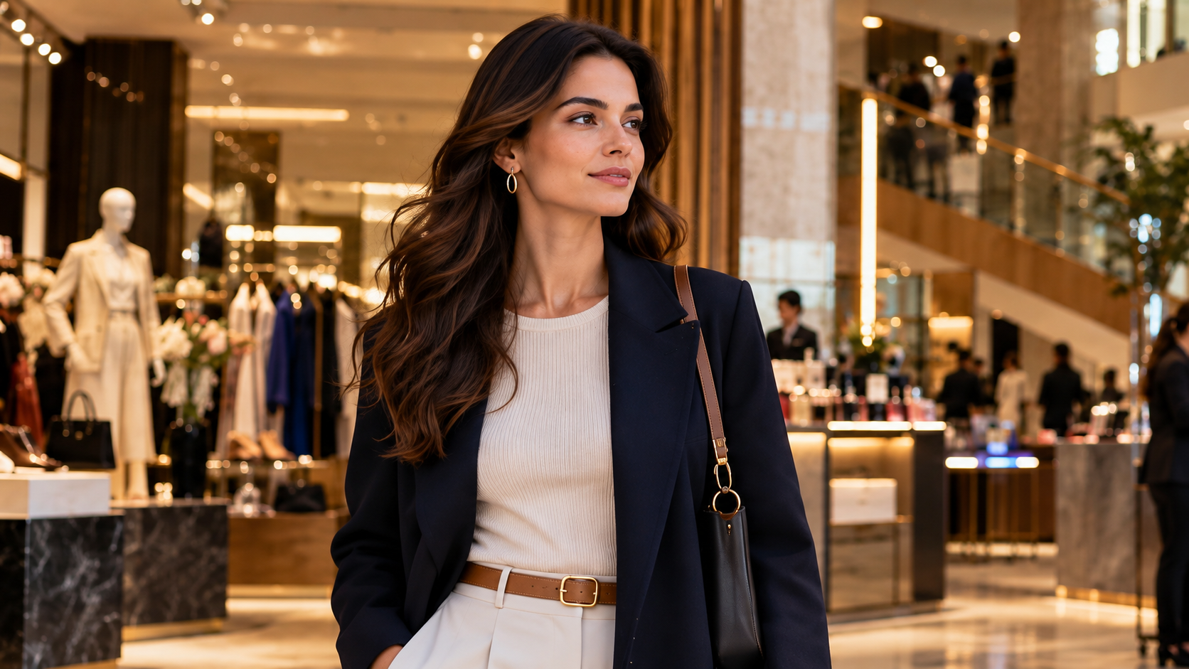 Customer leaving a luxury department store while staff prepare online orders inside, representing the shift from flagship retail to digital growth.