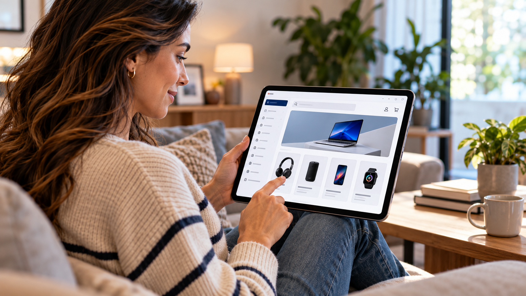 Customer browsing an embedded consumer electronics storefront within a partner platform on a laptop.