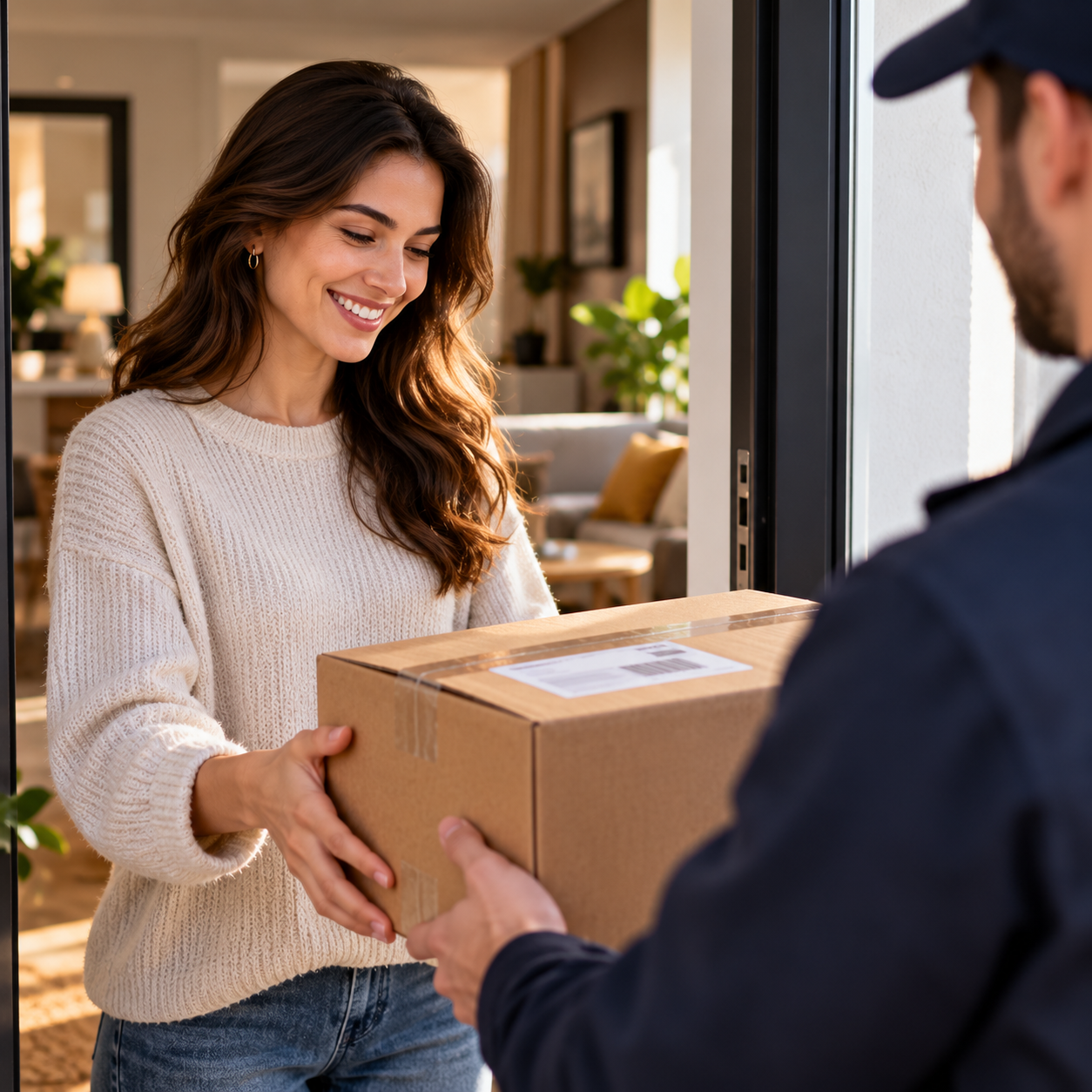 Customer receiving an online purchase from a delivery courier at her home, representing the completion of a seamless digital commerce journey.
