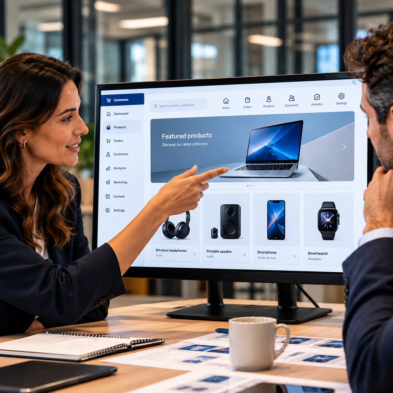 UX designers reviewing an embedded electronics storefront and navigation within a partner platform.