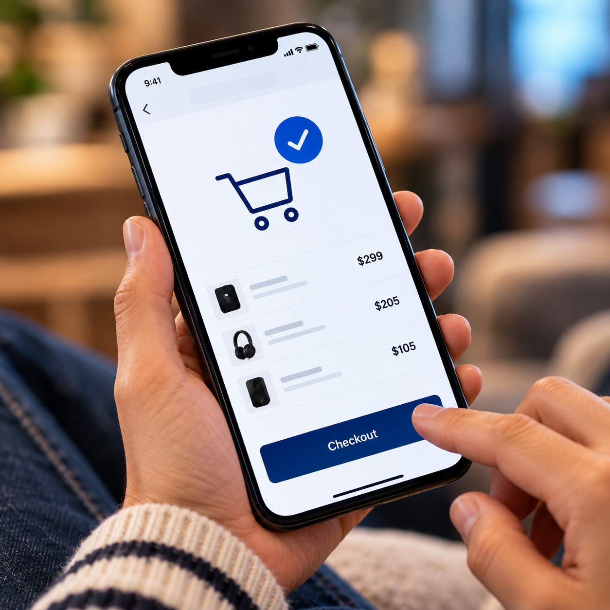 Customer completing an online purchase on a smartphone, with a digital shopping cart and checkout confirmation displayed on screen.