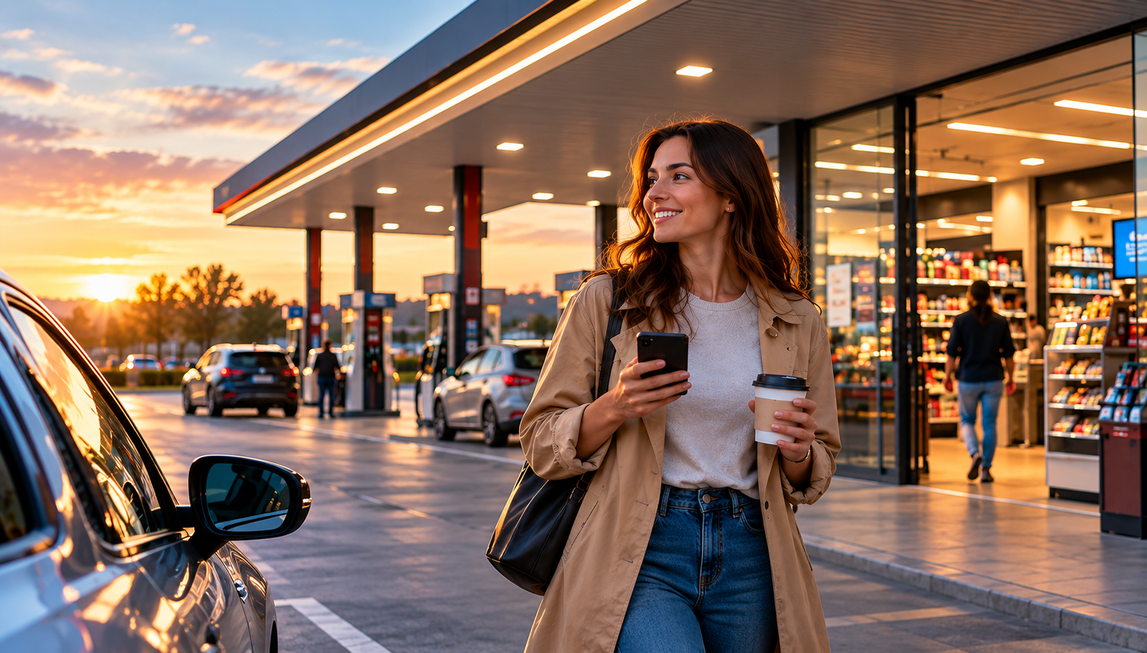 Customer using a smartphone beside a modern fuel station and convenience store, representing a connected digital retail and mobility journey.