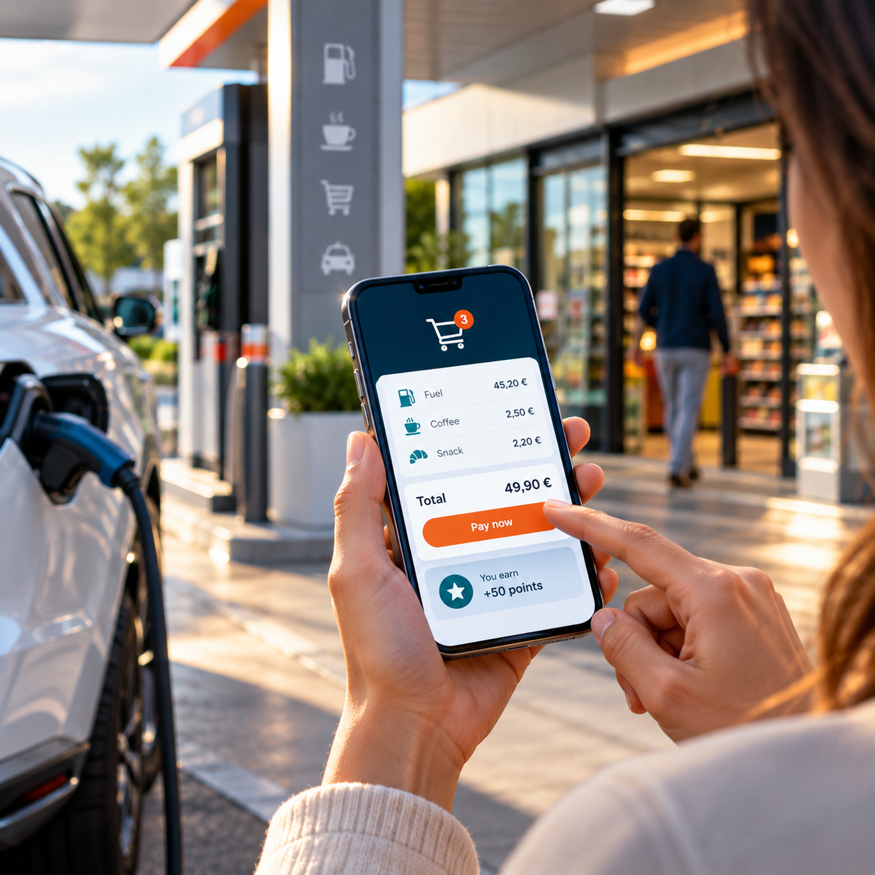 Customer using a mobile checkout at a busy fuel and convenience retail location, representing the complexity of serving a distributed physical network.