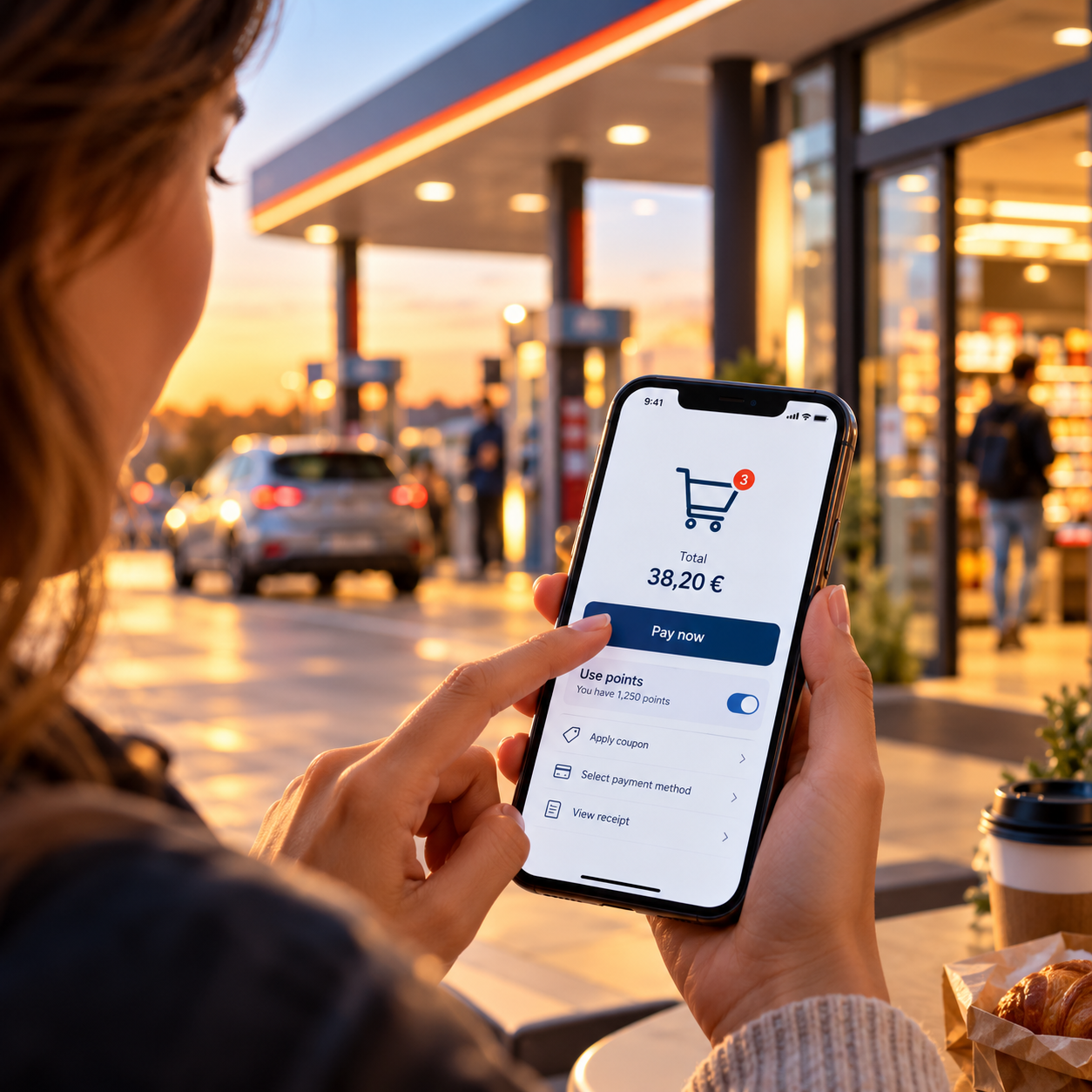 Customer completing a mobile payment for fuel and convenience purchases, with loyalty rewards displayed on screen.