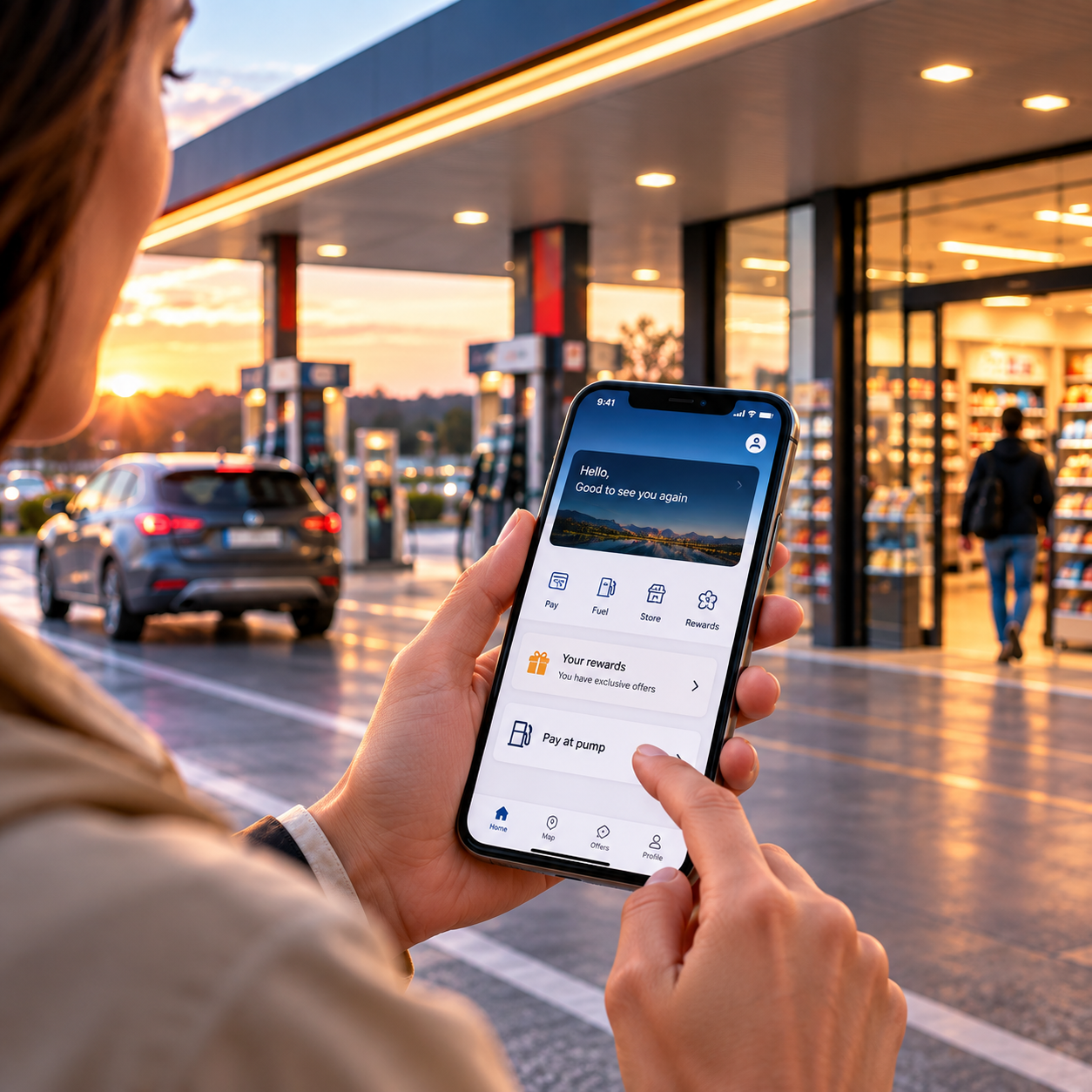 Customer using a mobile loyalty and payment app at a fuel station, representing digital customer identification and data capture at the point of sale.