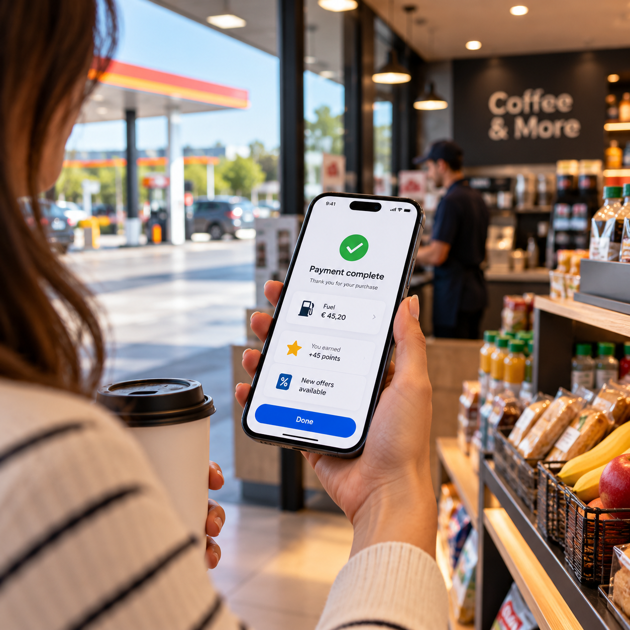 Customer viewing a completed convenience purchase and loyalty benefits on a smartphone, representing a connected retail and partner ecosystem.