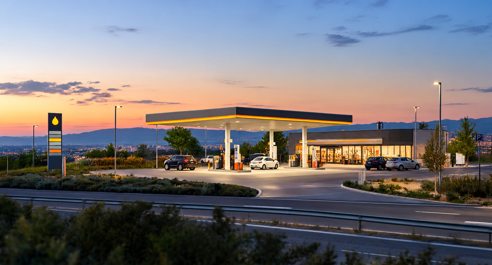 Wide view of a modern fuel station with a convenience store, multiple fuel pumps, parking and EV charging facilities at dusk.