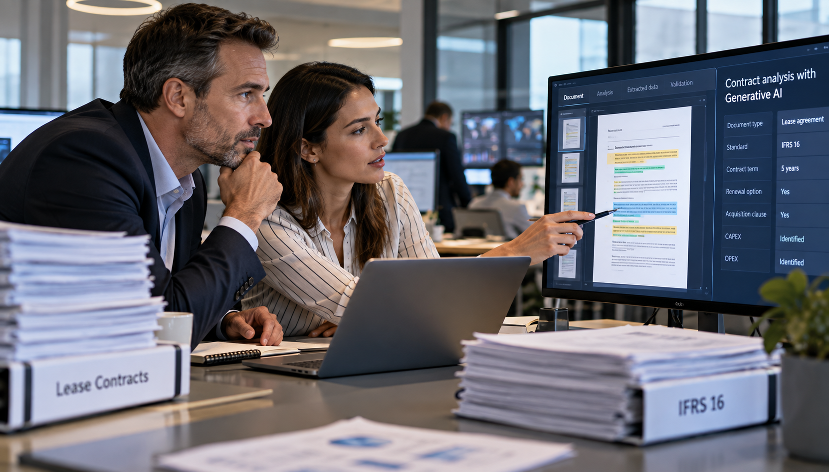 Two professionals review lease contracts in a modern office using an AI-powered document analysis platform. A large screen displays highlighted contract clauses and automatically extracted data to support IFRS 16 compliance and lease accounting processes.