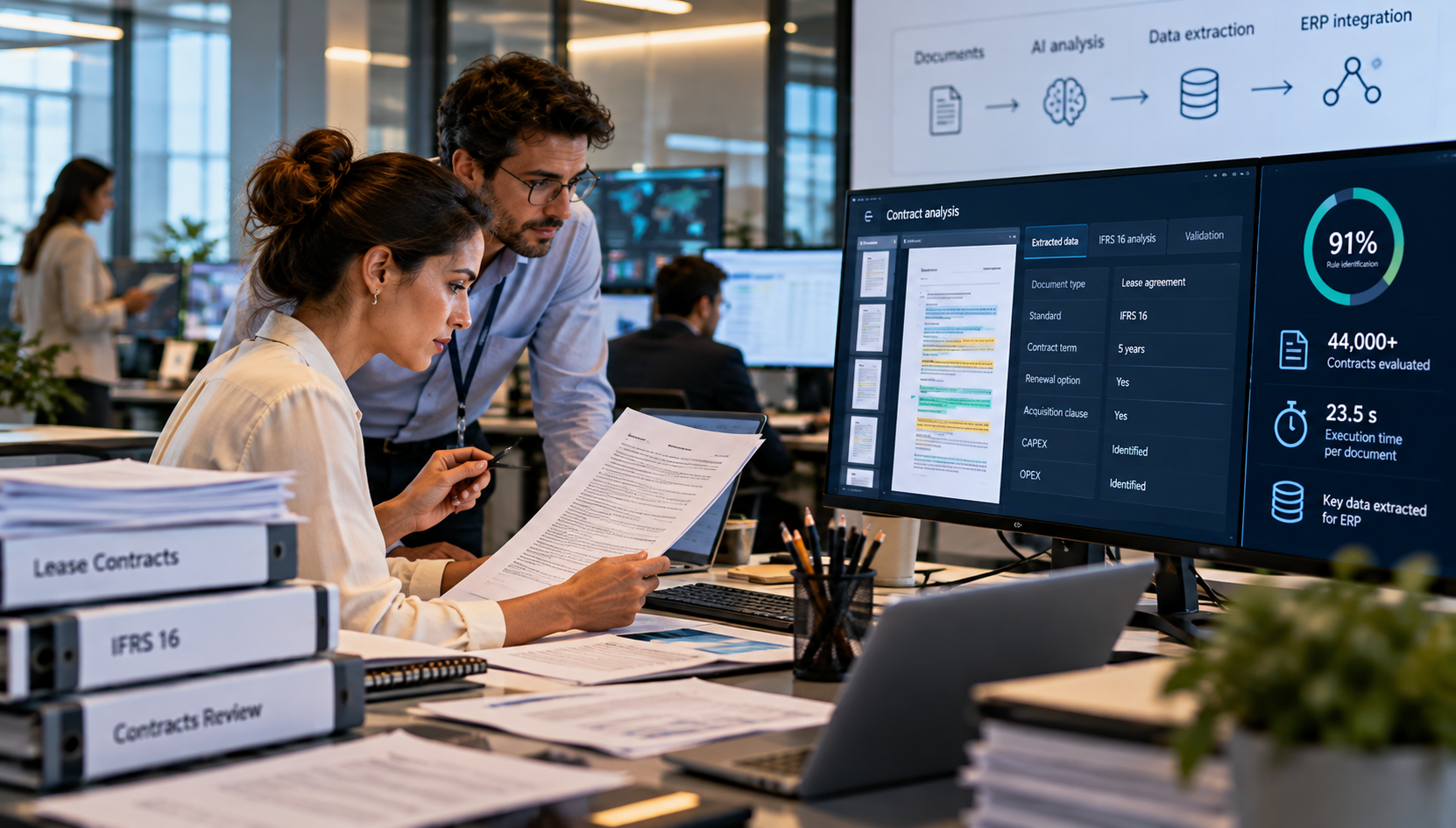 Team members validate lease agreements using an artificial intelligence solution that automates document analysis, data extraction, and ERP integration. Performance metrics, clause recognition results, and contract processing insights are displayed on a monitoring dashboard.