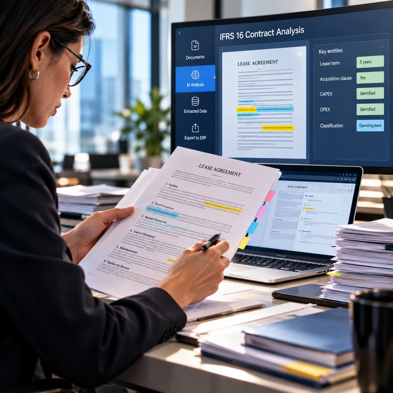 Professional reviewing an IFRS 16 analytics dashboard displaying lease contract assessments, compliance status indicators, performance metrics, and automated analysis results generated from contract data.