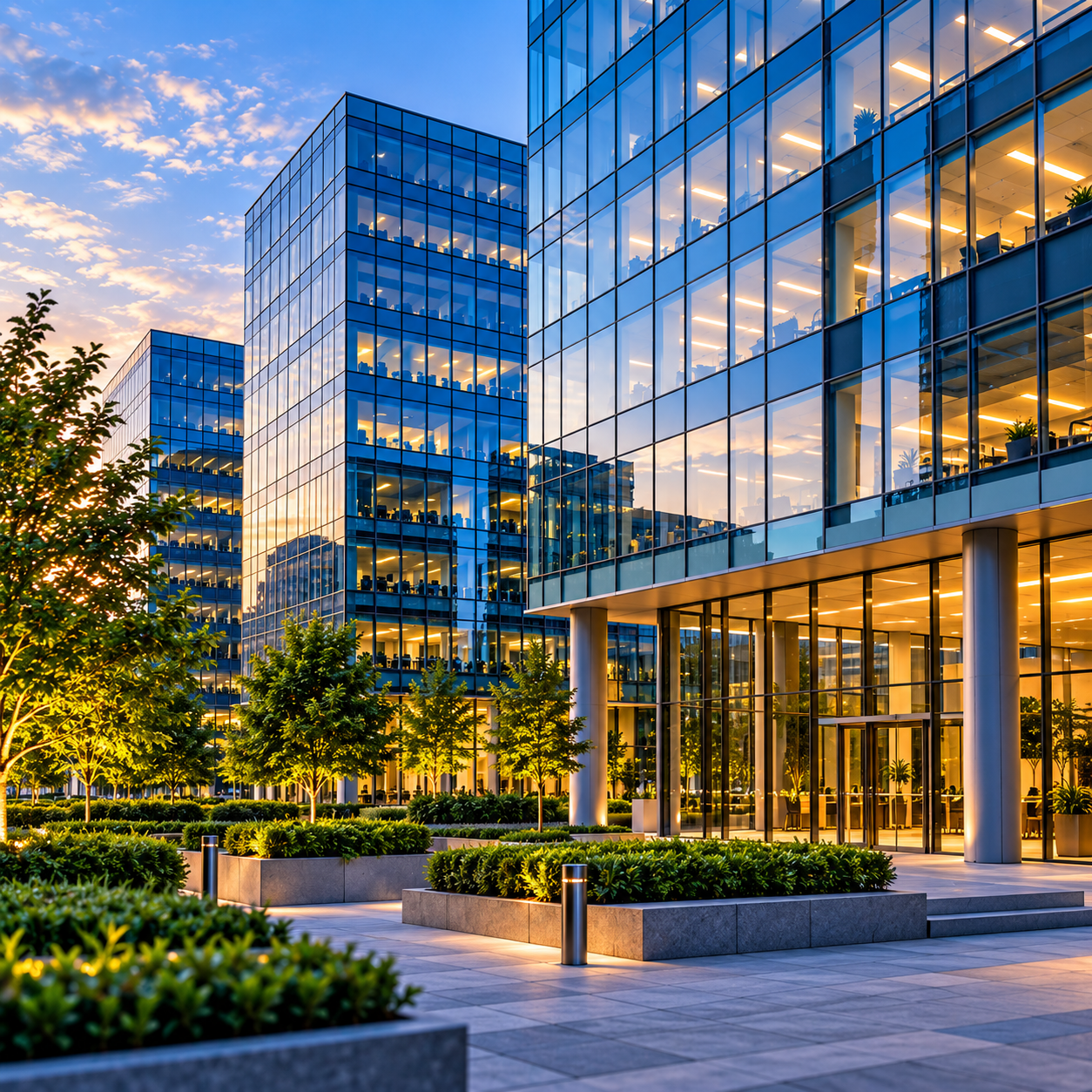 Modern corporate office campus with contemporary glass buildings.