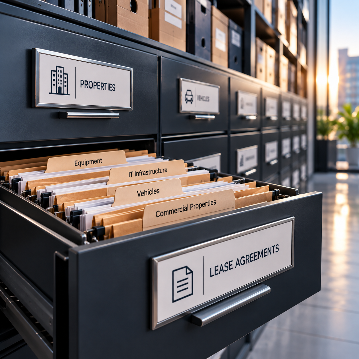 Filing cabinet containing categorized lease agreement records for properties, vehicles, equipment, and IT infrastructure.
