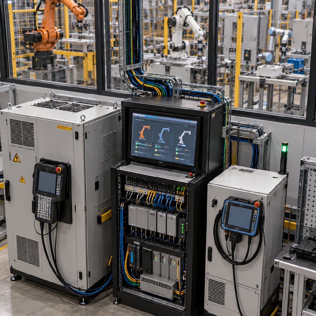 Industrial robotics environment using a common control platform to coordinate different robotic systems through a unified interface, enabling vendor-agnostic robot management, interoperability and more flexible automation across manufacturing operations.