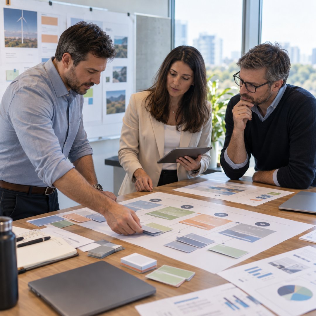 Product planning team connecting incoming requests to strategic priorities, evaluating business needs against shared objectives and expected outcomes to support clearer prioritization, stronger alignment and more focused roadmap decisions.