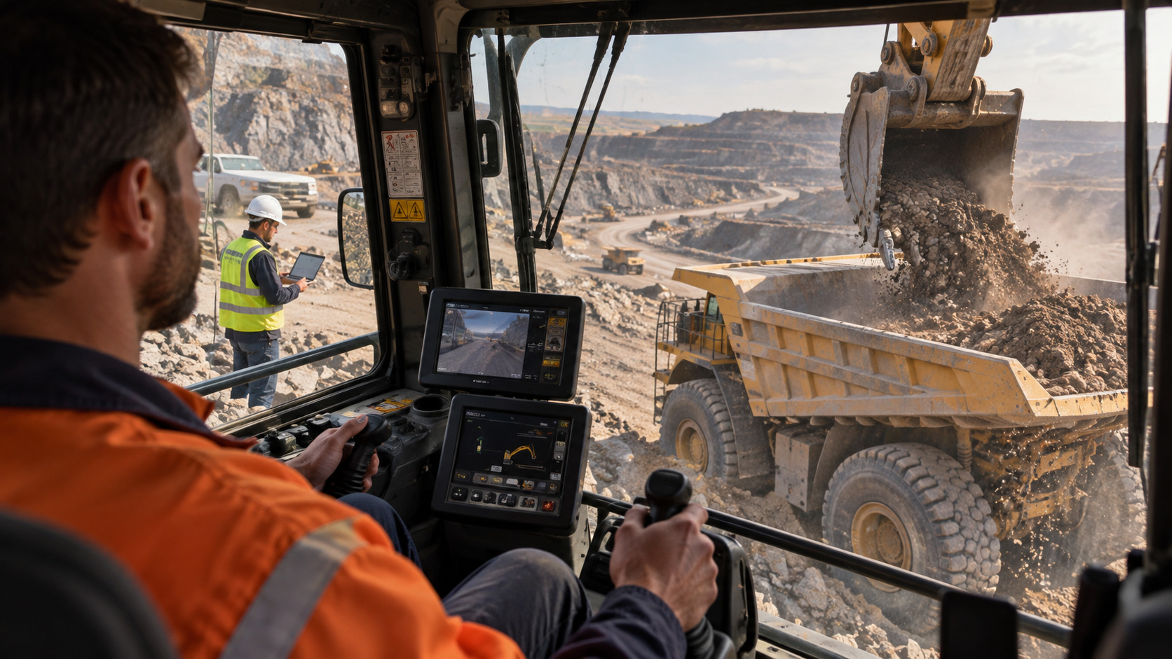Excavator operator loads a mining haul truck while an engineer works on a laptop nearby
