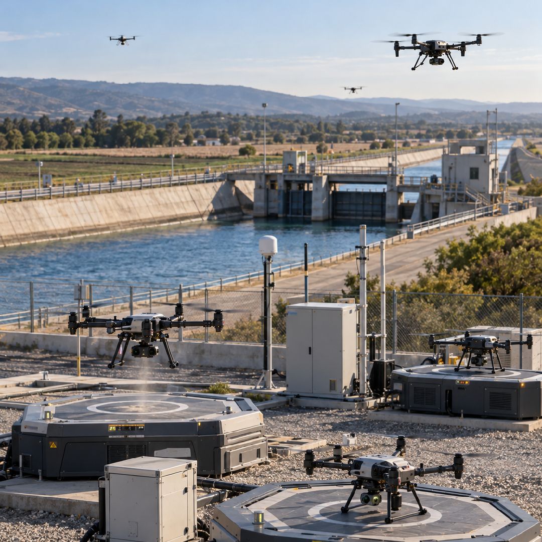 Coordinated multi-UAV patrols operating across critical water infrastructure, using autonomous flight, shared mission planning and distributed sensing to expand inspection coverage, improve asset visibility and support more efficient infrastructure monitoring.
