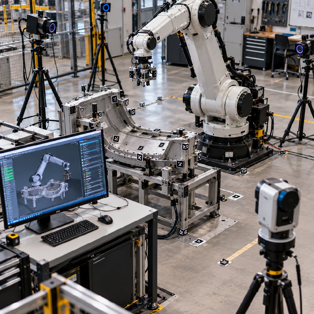 Industrial robotic arm being digitally calibrated with multiple vision sensors, spatial reference markers and a real-time digital twin, aligning the physical robot with its virtual model to improve motion accuracy, simulation reliability and autonomous manufacturing performance.