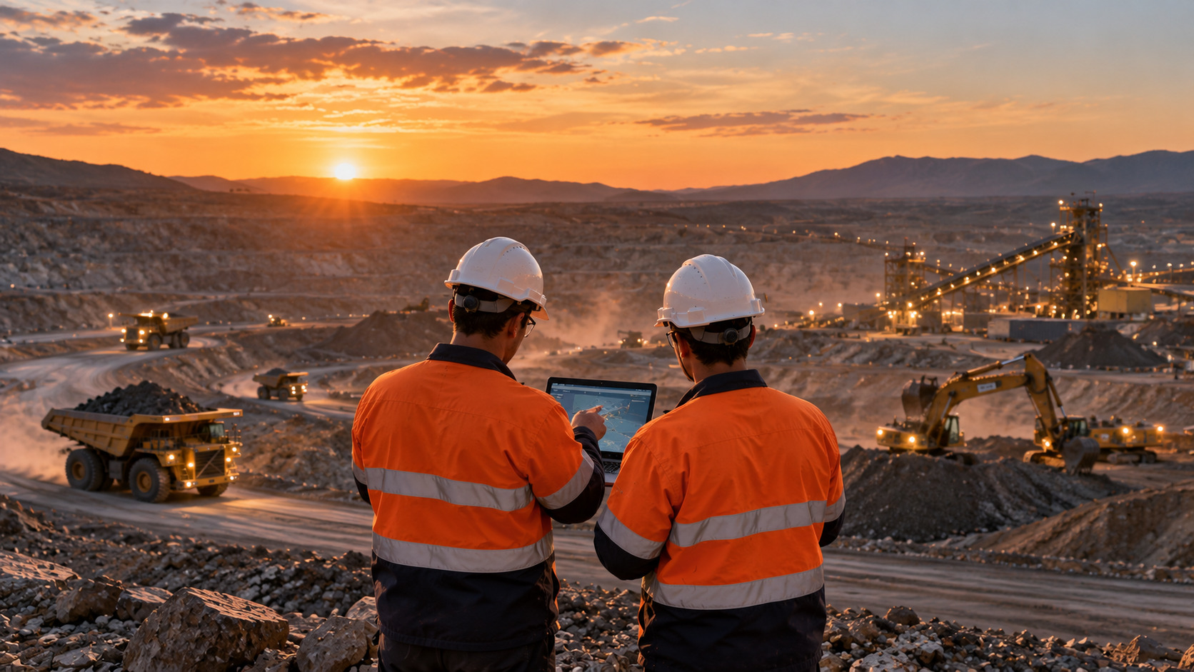Two mining professionals use a laptop overlooking an active open-pit mine, connecting field operations with a resilient digital backbone