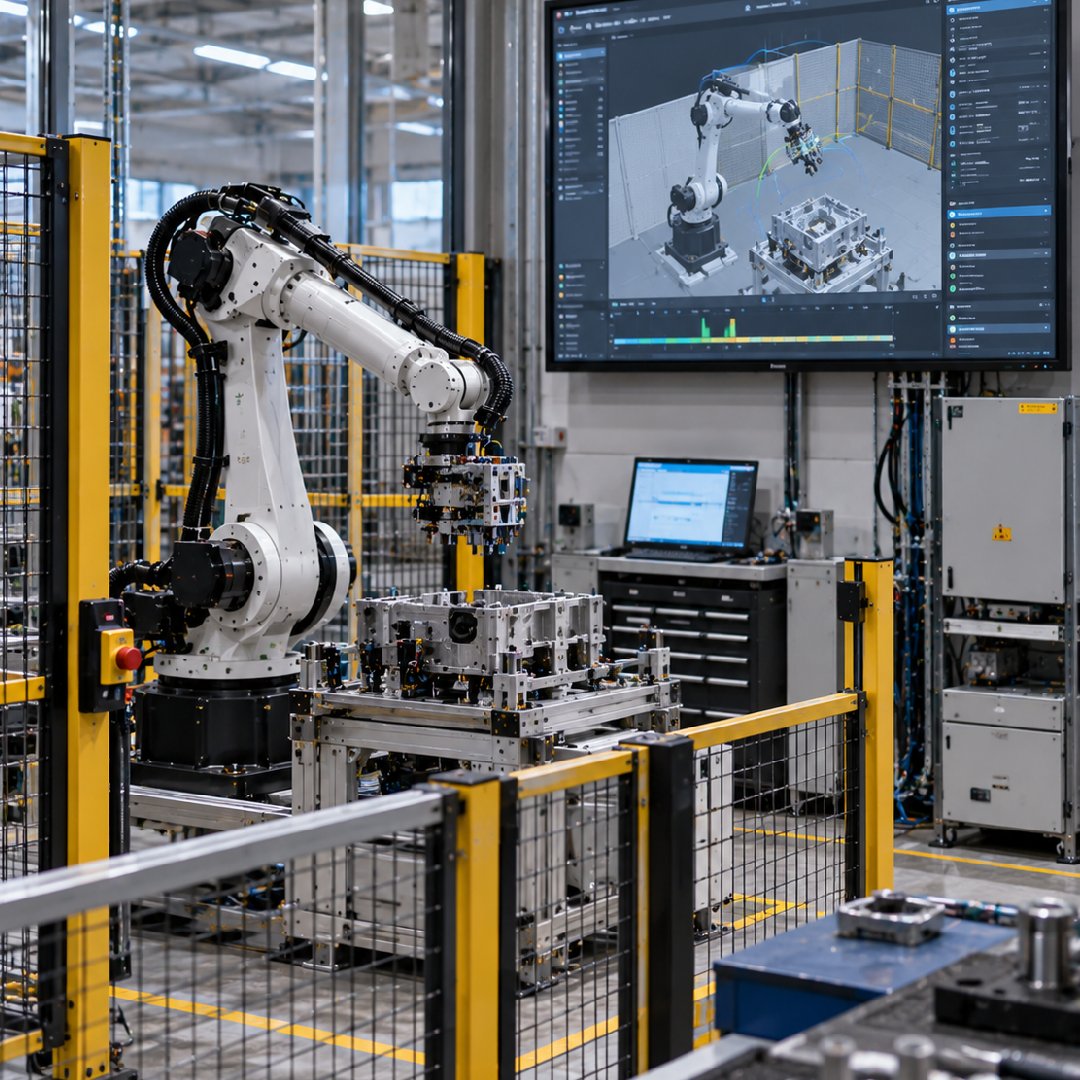 Industrial robot operating alongside a digital twin simulation that mirrors its movements, enabling teams to test robotic trajectories, validate behavior and optimize automation before deployment in the physical production environment.