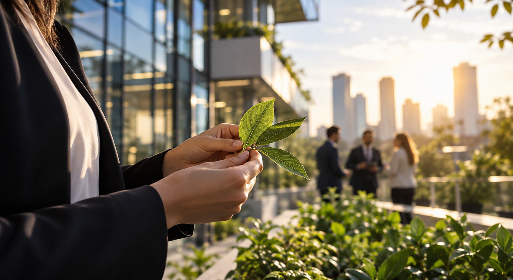 rofessional reviewing green leaves in a corporate setting, reflecting credible and evidence-based sustainability claims.