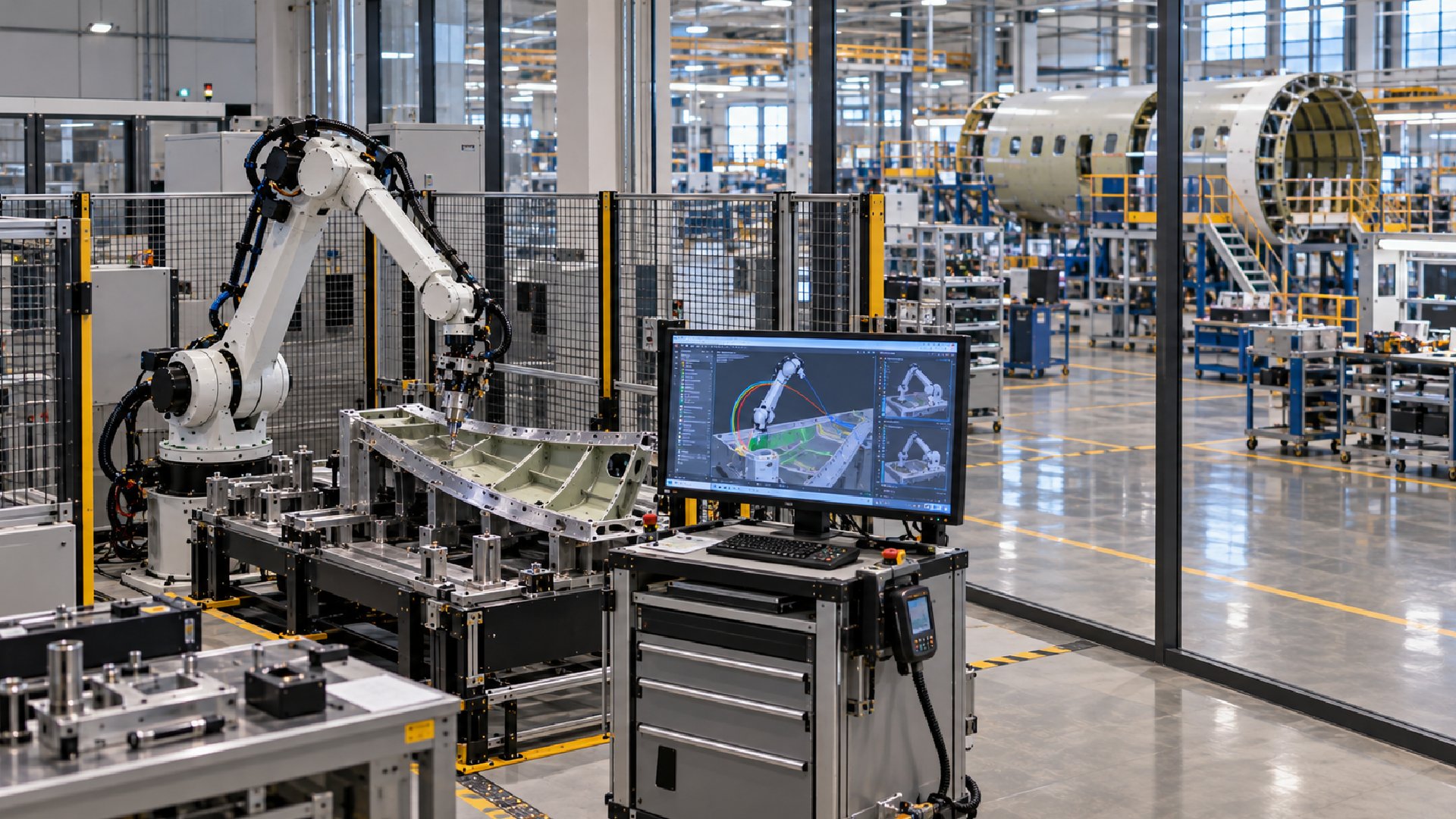 Industrial robotic arm operating beside a digital twin in an aerospace manufacturing environment, enabling early validation of robotic trajectories, process behavior and integration before deployment in live aircraft production.