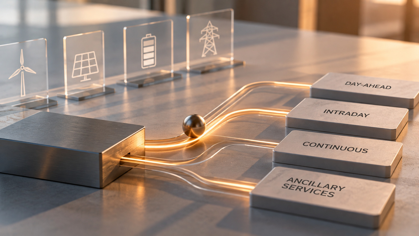 Conceptual representation of automated energy trading strategies executing orders across day-ahead, intraday, continuous and ancillary services markets.