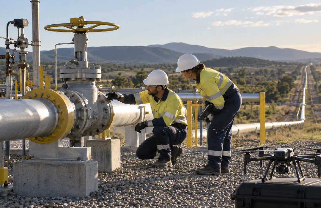 Two pipeline technicians inspecting a valve assembly beside a drone at an onshore gas pipeline facility.