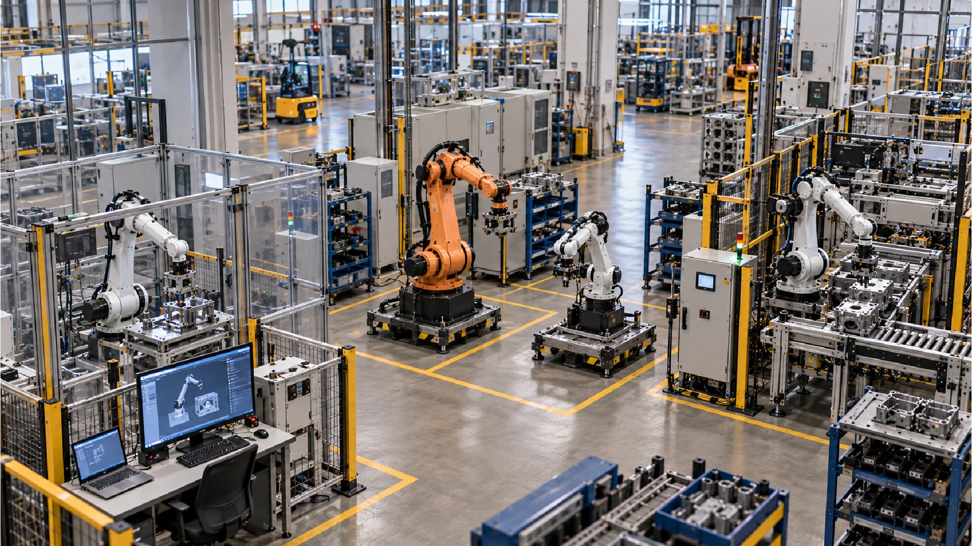 Industrial robotics environment coordinating multiple robotic systems across production cells through a unified control platform, enabling centralized orchestration, flexible task allocation and scalable automation across manufacturing operations.