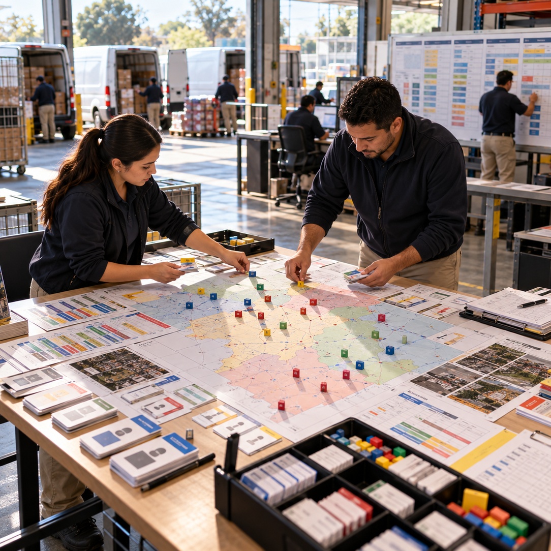 Operations manager and analyst comparing store workload, current capacity and coverage scenarios for merchandiser planning.