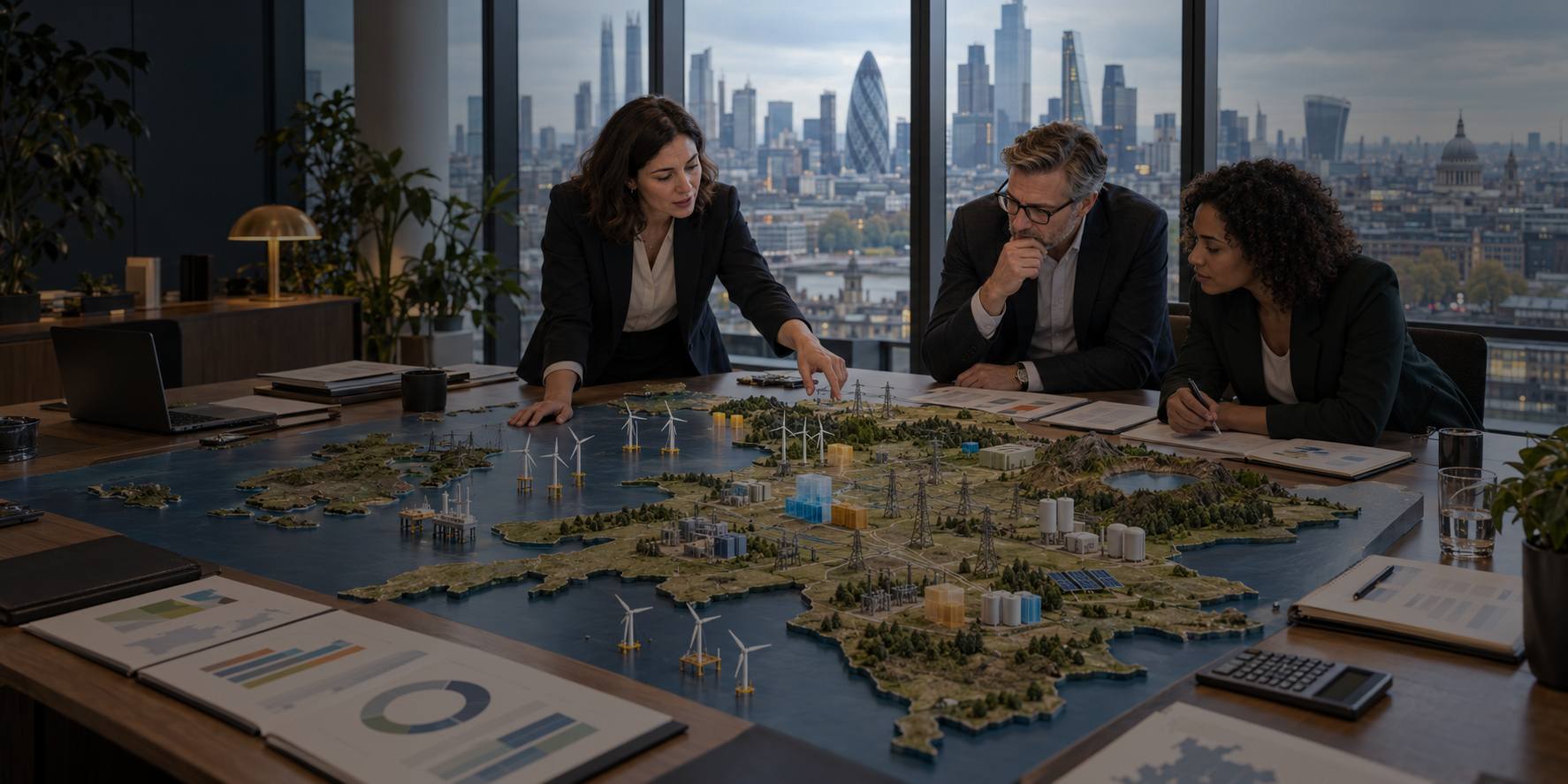 An Executive team of an Utilities Company analyzing economic trends with the City of London through the window as background