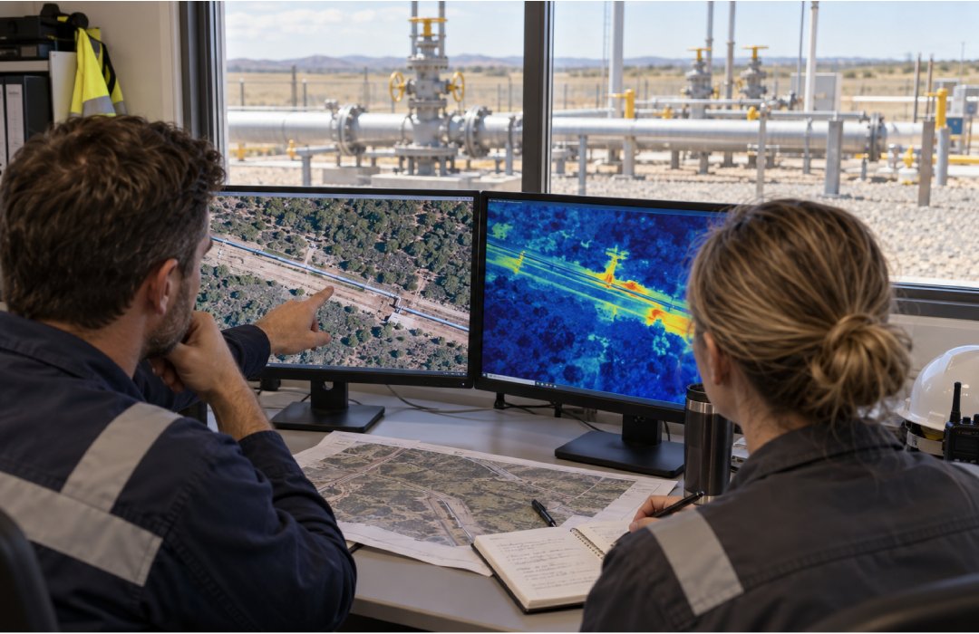 Engineering and maintenance professionals reviewing aerial and thermal pipeline imagery with a gas valve yard visible outside.