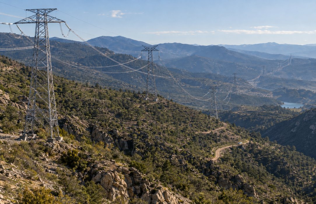 High-voltage transmission towers extending across remote mountainous terrain, illustrating the geographic scale and access demands of conventional network inspection.