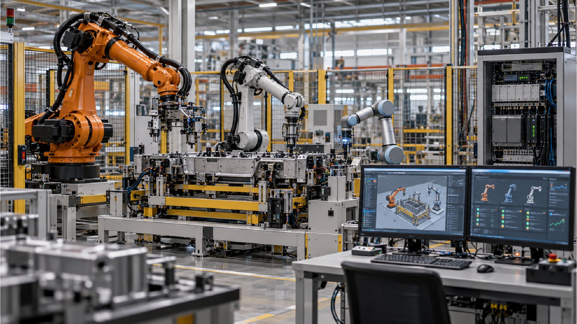 Industrial robotics environment connecting multiple robotic systems, control hardware and cloud-based monitoring interfaces through a unified platform, enabling interoperability, centralized orchestration and scalable robot management across manufacturing operations.