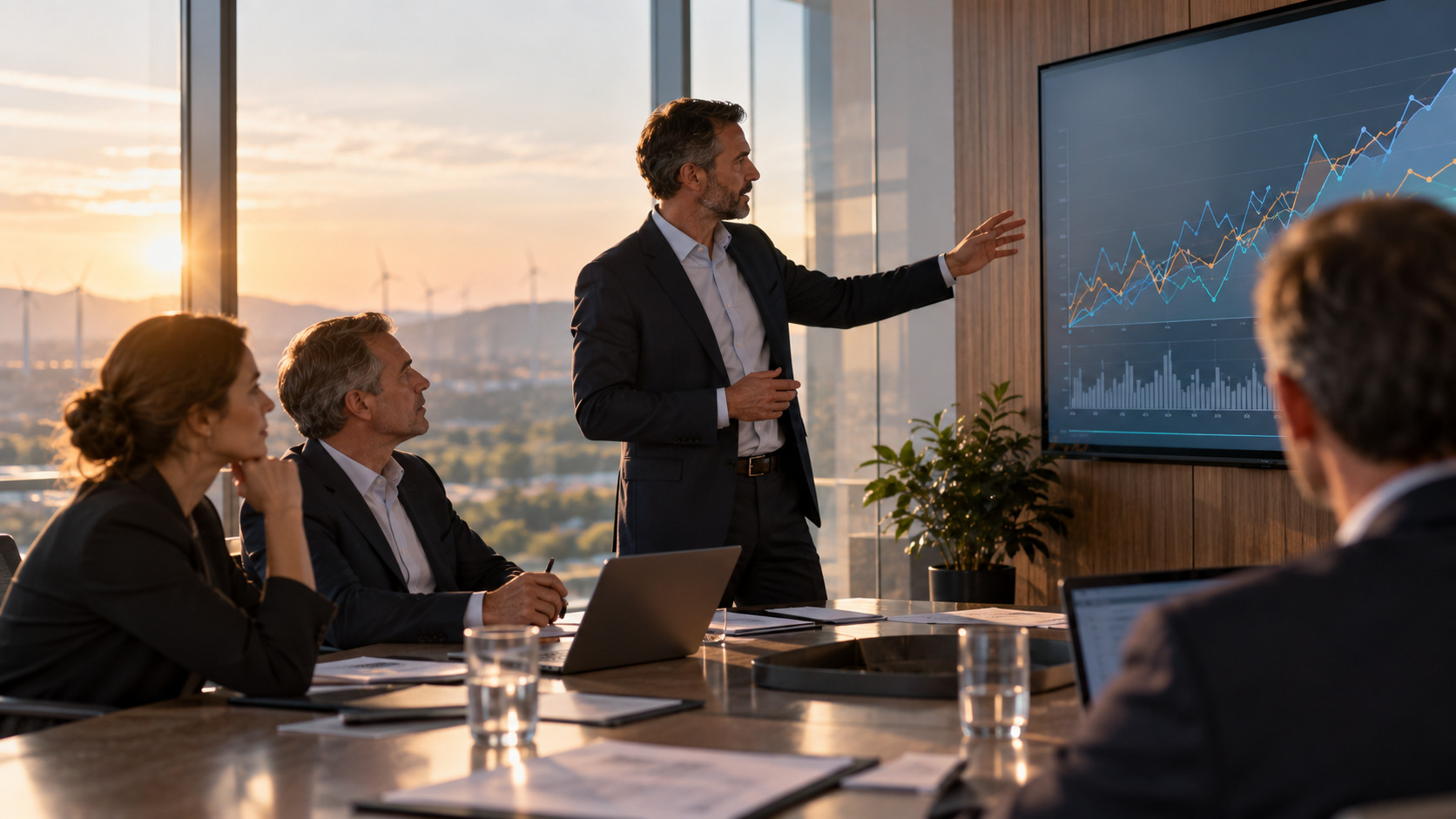 Energy executives reviewing market performance and investment trends to navigate volatility and strengthen BESS return on investment.