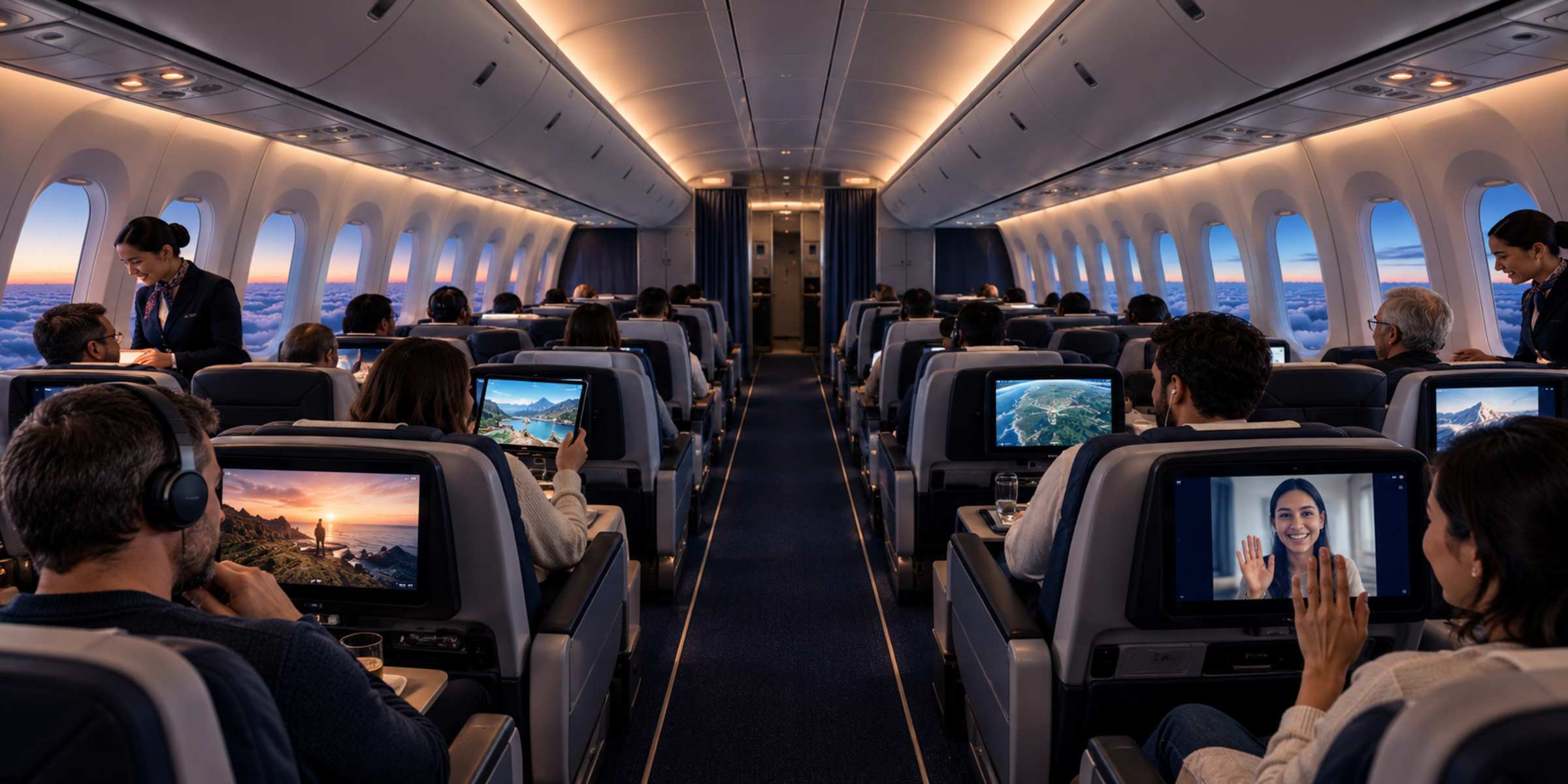 Passengers use connected services inside a modern aircraft cabin during flight.