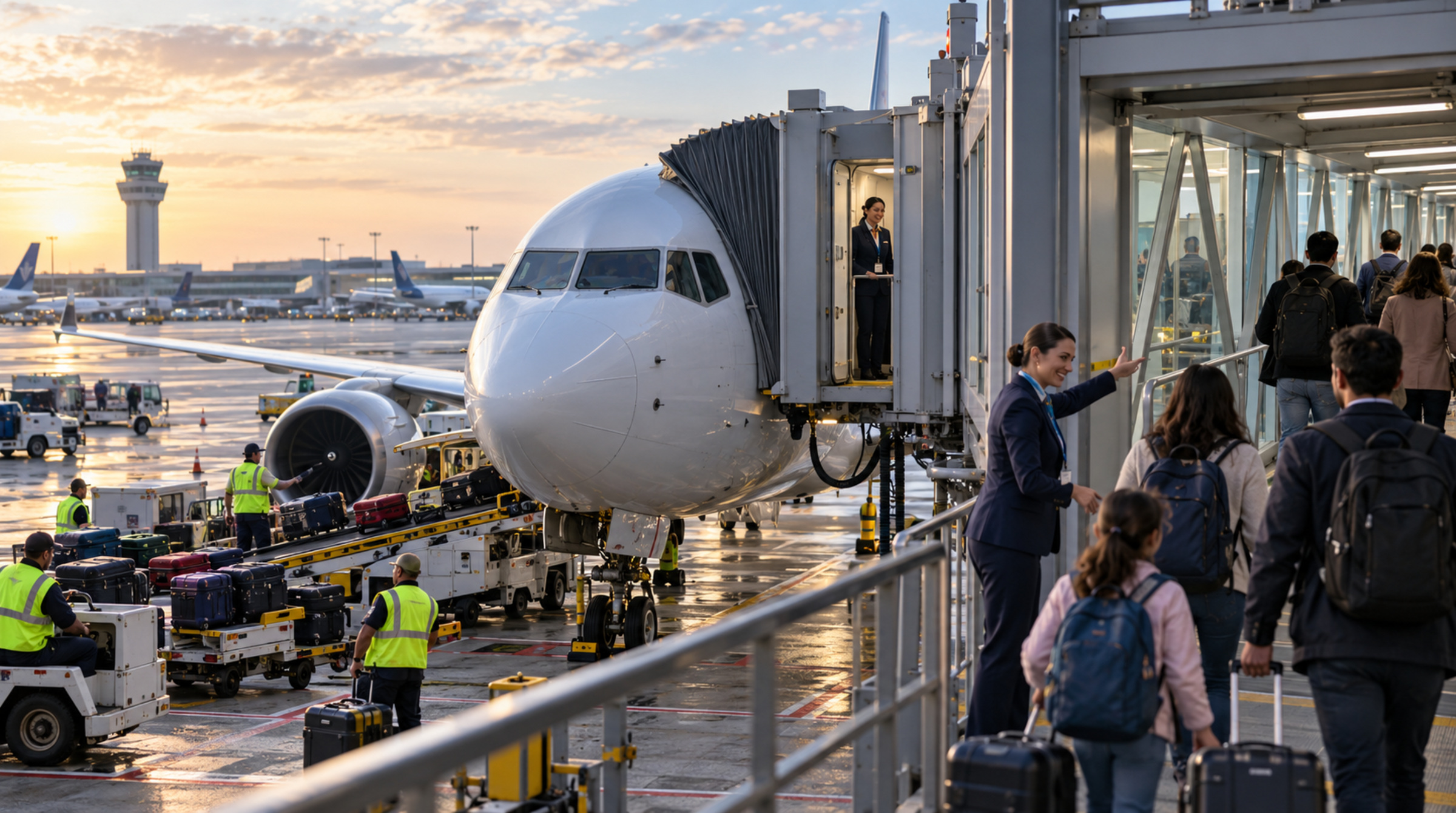 Airline and ground teams coordinate passenger arrivals and baggage operations at an airport gate.