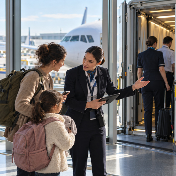 An airline advisor assists a passenger and child beside the boarding gate.