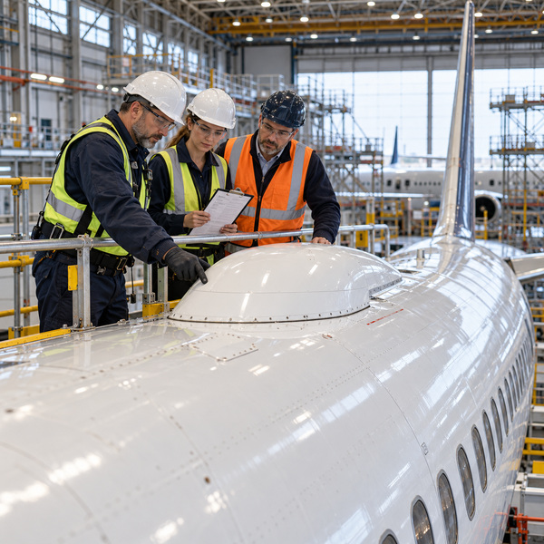 Aviation specialists inspect a satellite connectivity antenna during a controlled aircraft deployment.